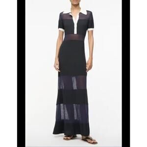 NWT Staud Navy Blue Collared Short Sleeve Maxi Quaint Sheer Panel Dress Large
